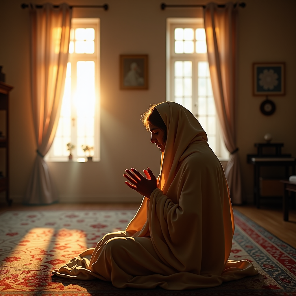 Person wrapped in prayer shawl praying in a serene home environment with soft morning sunlight illuminating a dedicated prayer space