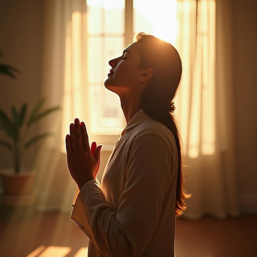 Person praying with hands folded in peaceful meditation surrounded by soft morning light streaming through window