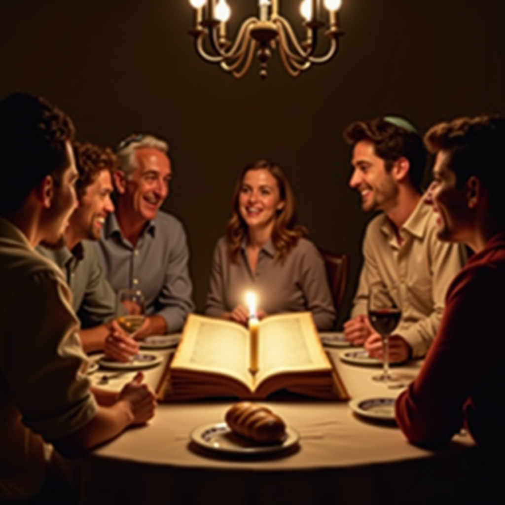 Warm, inviting scene of a family gathered around a dining table on Shabbat, with an open Torah scroll or chumash in the center, soft candlelight illuminating their faces as they engage in animated discussion, traditional Shabbat table setting with challah and wine visible, warm golden lighting creating an atmosphere of learning and connection, multi-generational group showing engagement and joy in study