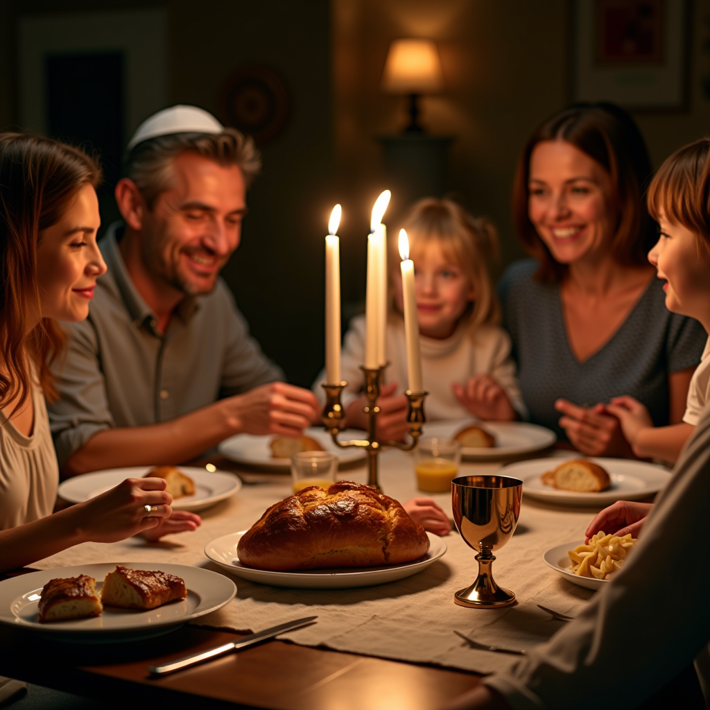 Warm family scene showing multiple generations gathered around a beautifully set Shabbat table with lit candles, challah bread, and Kiddush cup, capturing the joy and togetherness of Jewish holiday celebrations