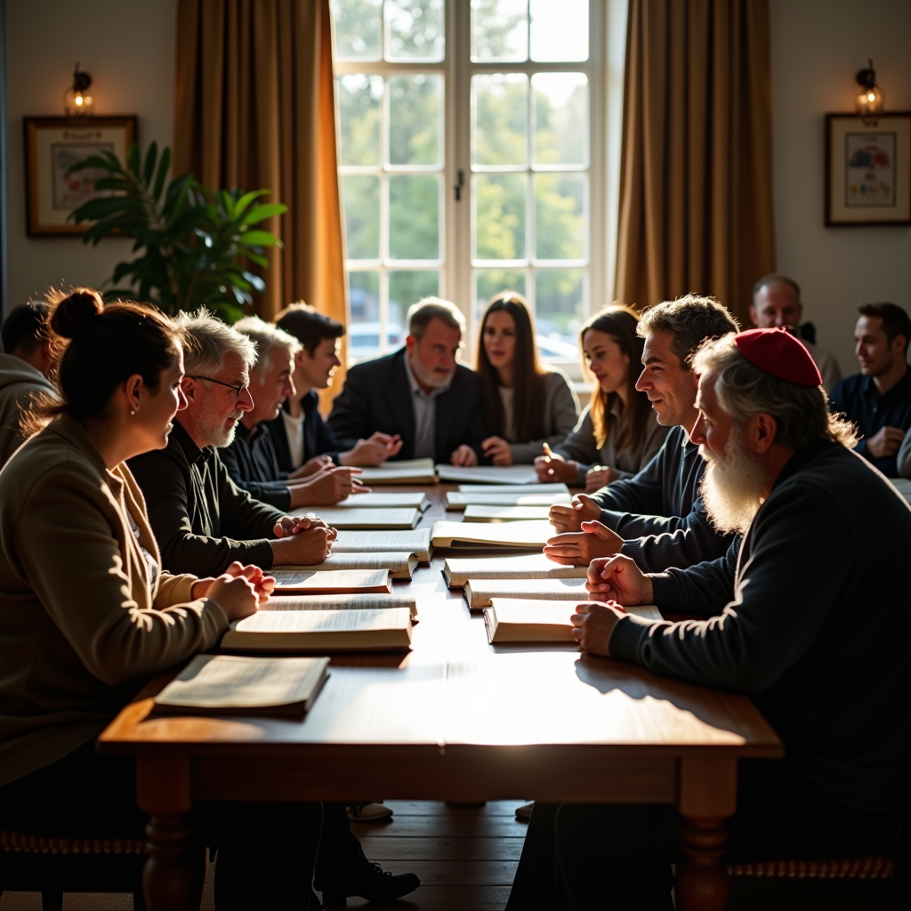 Diverse group of Aberdeen community members sitting around a wooden table in a warmly lit study room, engaged in animated Torah study discussion. Open books and study materials are spread across the table. Participants of various ages are leaning in, some pointing to texts, others listening intently, creating an atmosphere of collaborative learning and spiritual connection. Natural light streams through windows, illuminating the scene with a warm, welcoming glow.