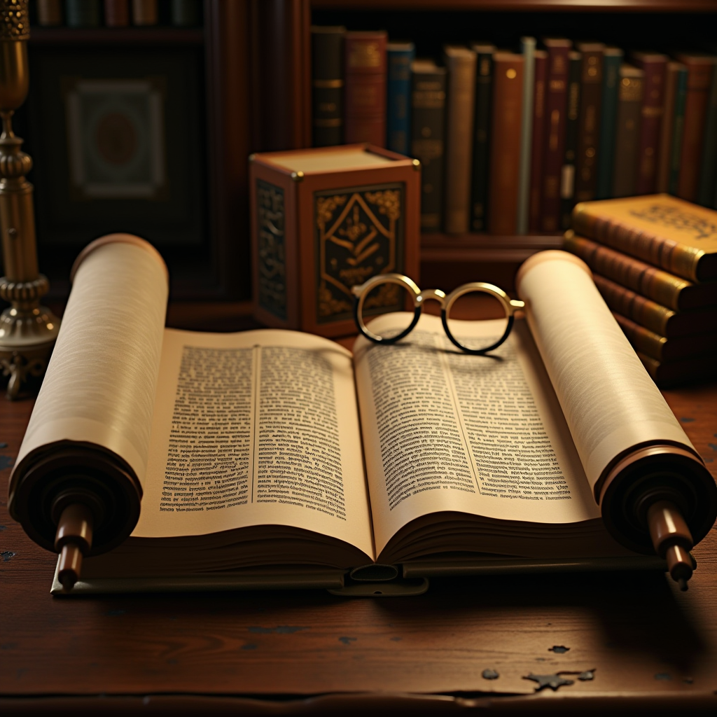 Ancient Torah scroll opened on wooden study table surrounded by traditional Jewish commentary books, reading glasses, and study materials in warm library lighting