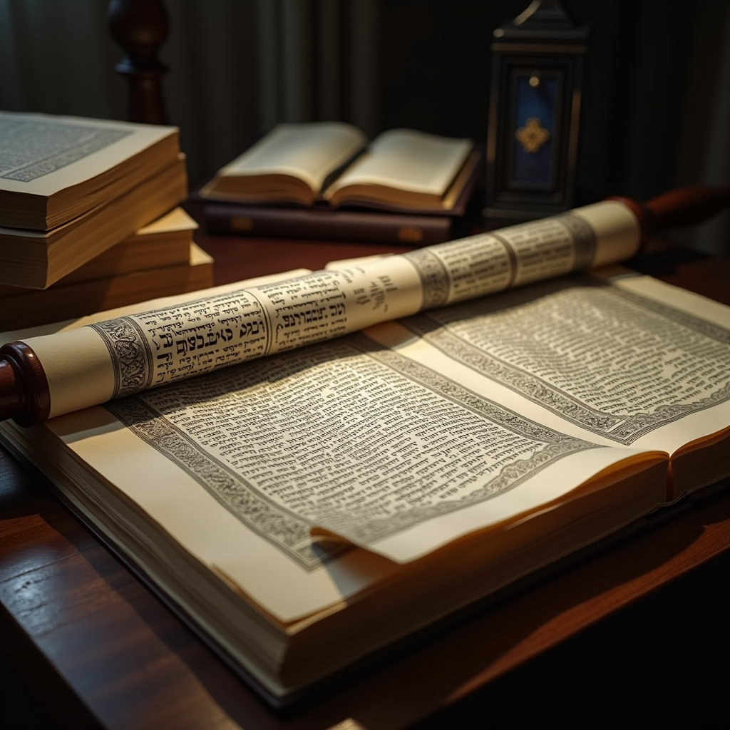 Open Torah scroll with Hebrew text visible on wooden reading table with study books nearby