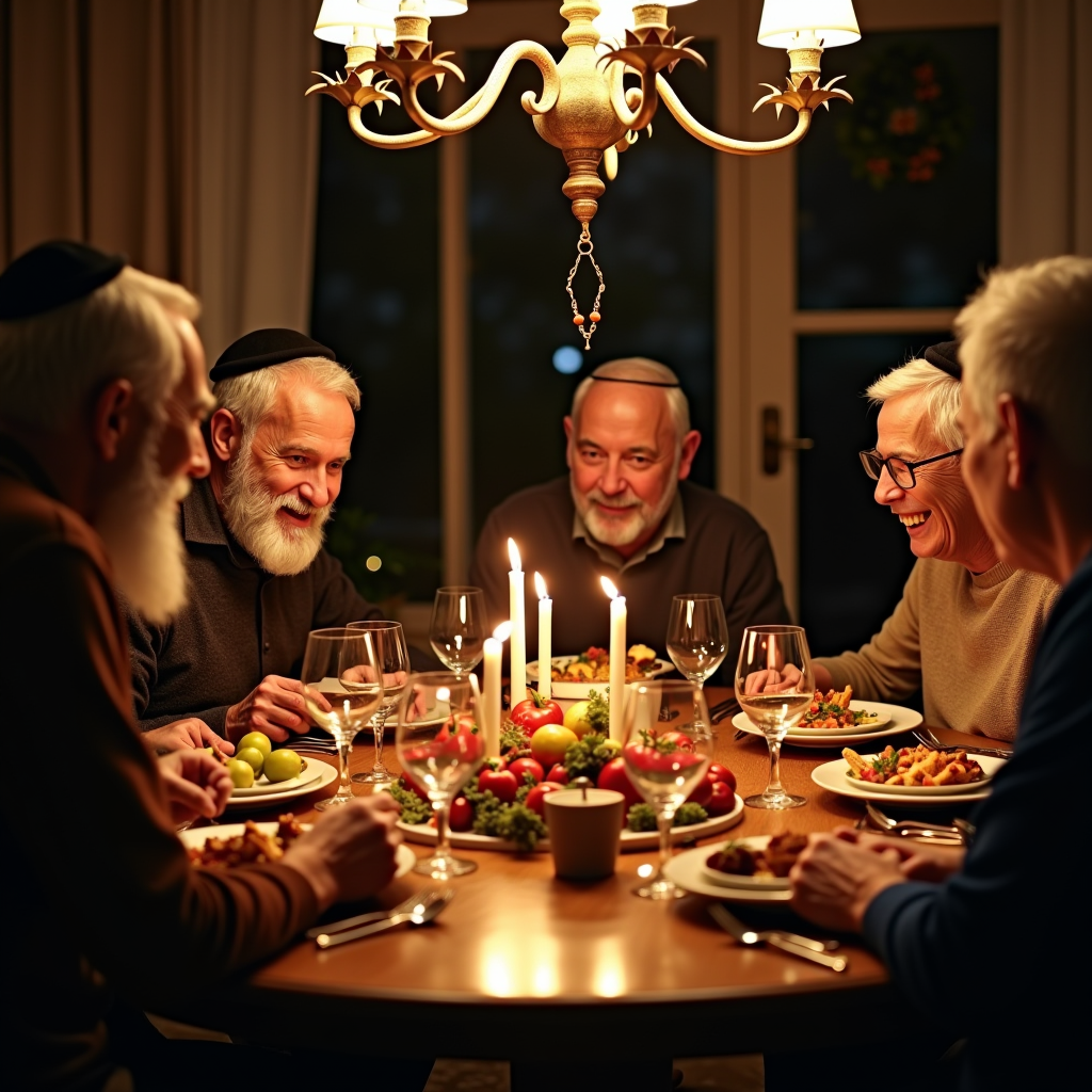 Multigenerational Jewish family gathered around beautifully set holiday table with lit candles, traditional festive foods, and seasonal decorations in warm, joyful home atmosphere
