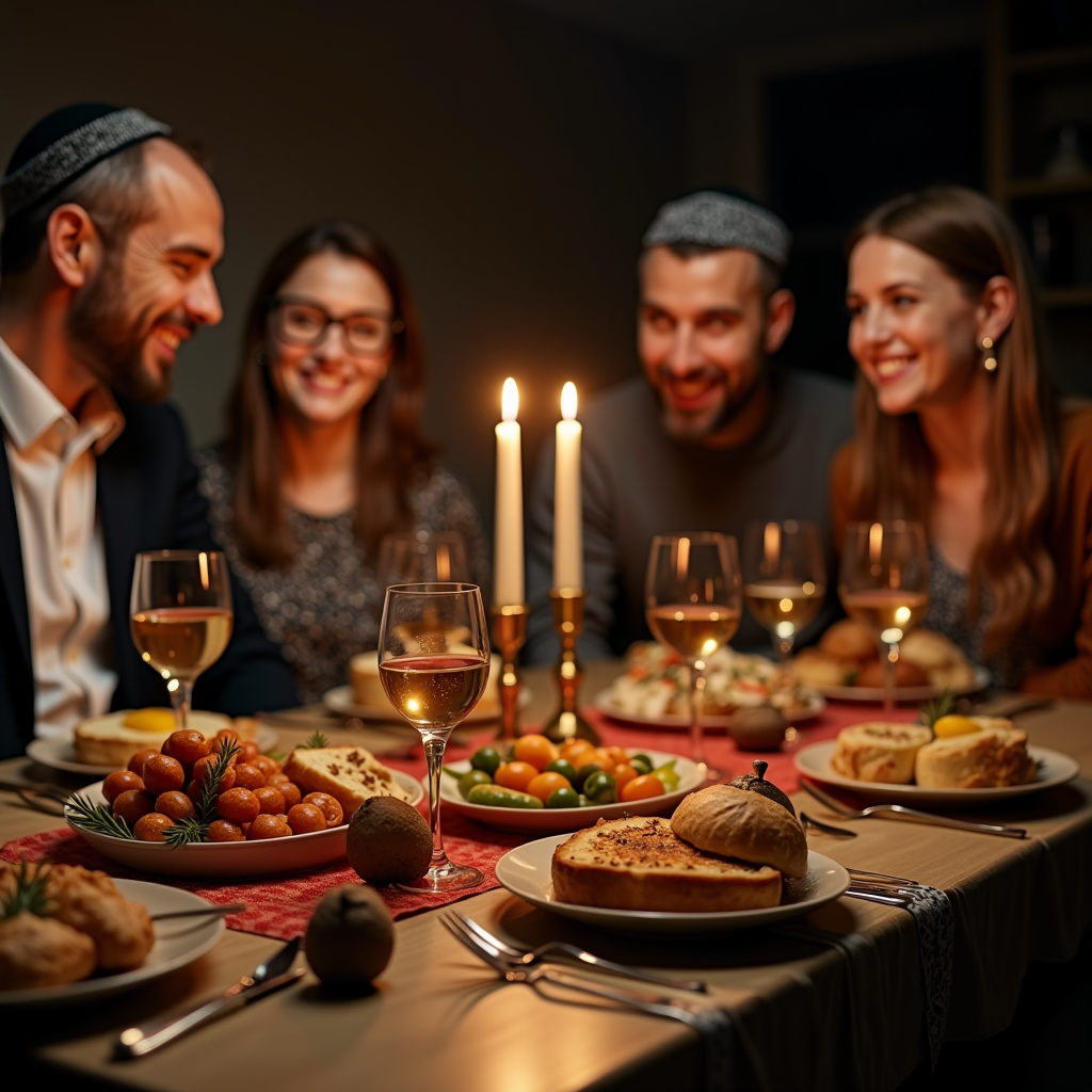 Jewish family gathered around festive holiday table with candles traditional foods and decorations