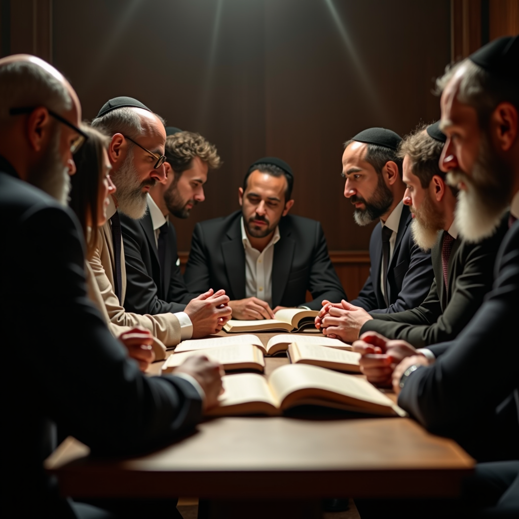 Group of people studying Torah together at table with open books engaged in discussion