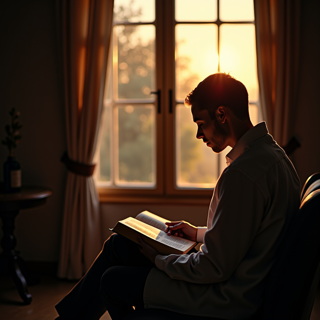 Peaceful scene of person reading religious text by window with gentle light symbolizing faith and reflection